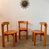 Set of 3 solid beech wood chairs, vintage 70s design