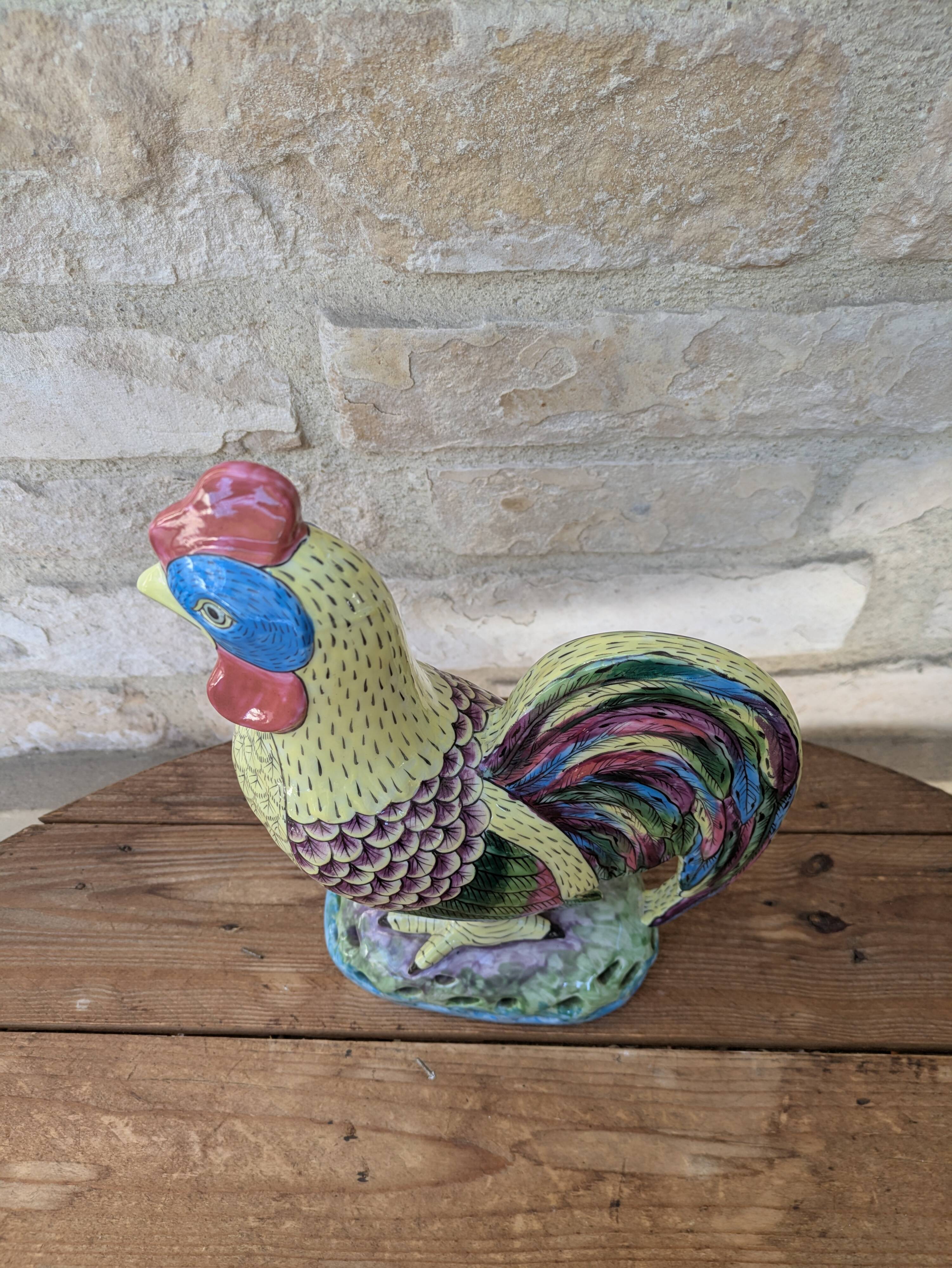 Polychrome decorative rooster in Paris Porcelain statue H30cm