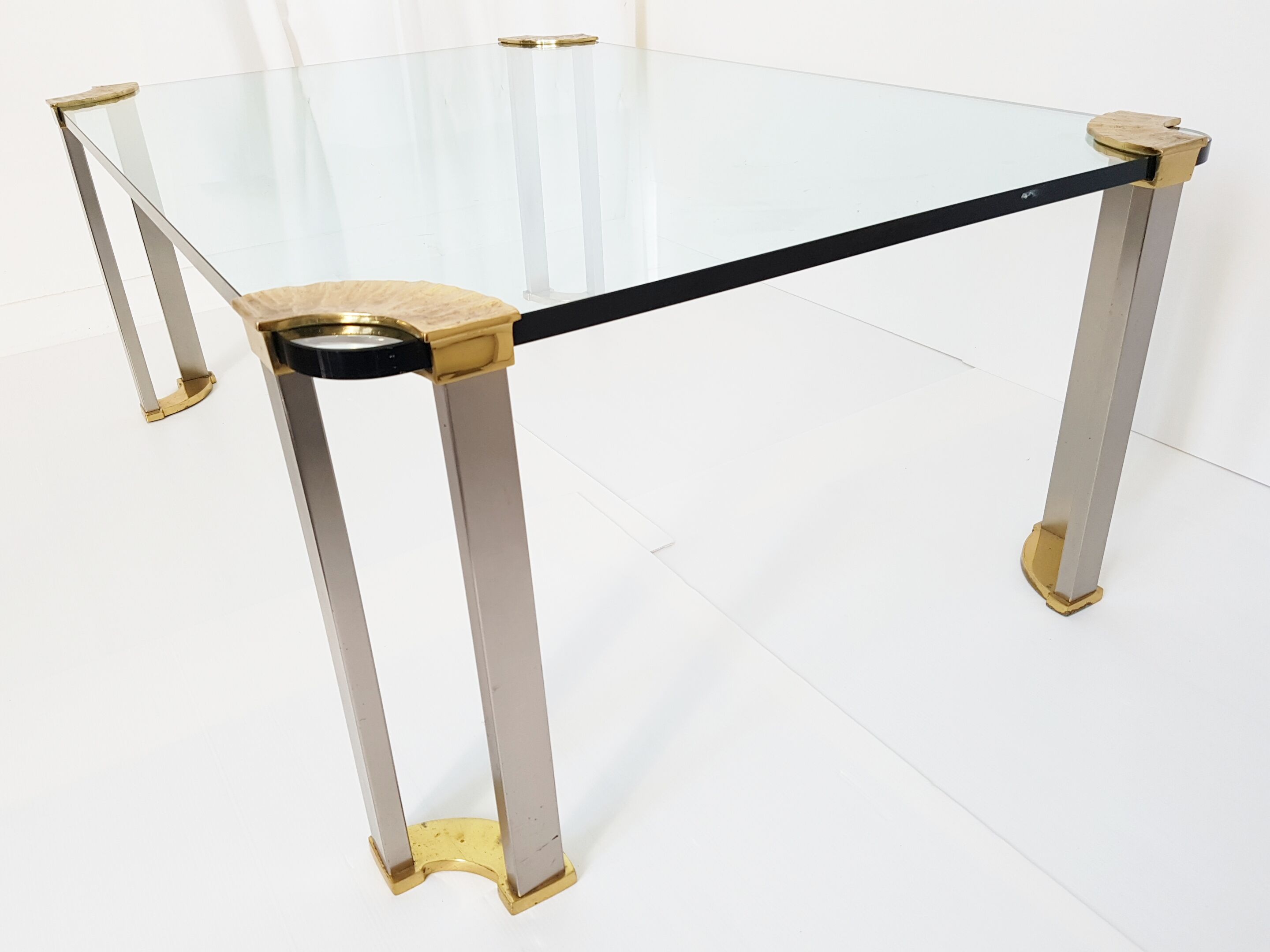 Coffee table glass, solid gold brass and brushed steel vintage seventies 70