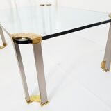 Coffee table glass, solid gold brass and brushed steel vintage seventies 70
