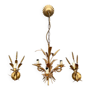 Chandelier and Pair of Wheat Sheaf Wall Lights