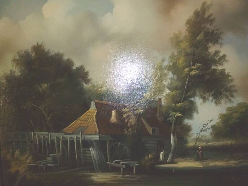 Peinture à l'huile : J. Peeters, " Moulin Flandrien au XVIIème "