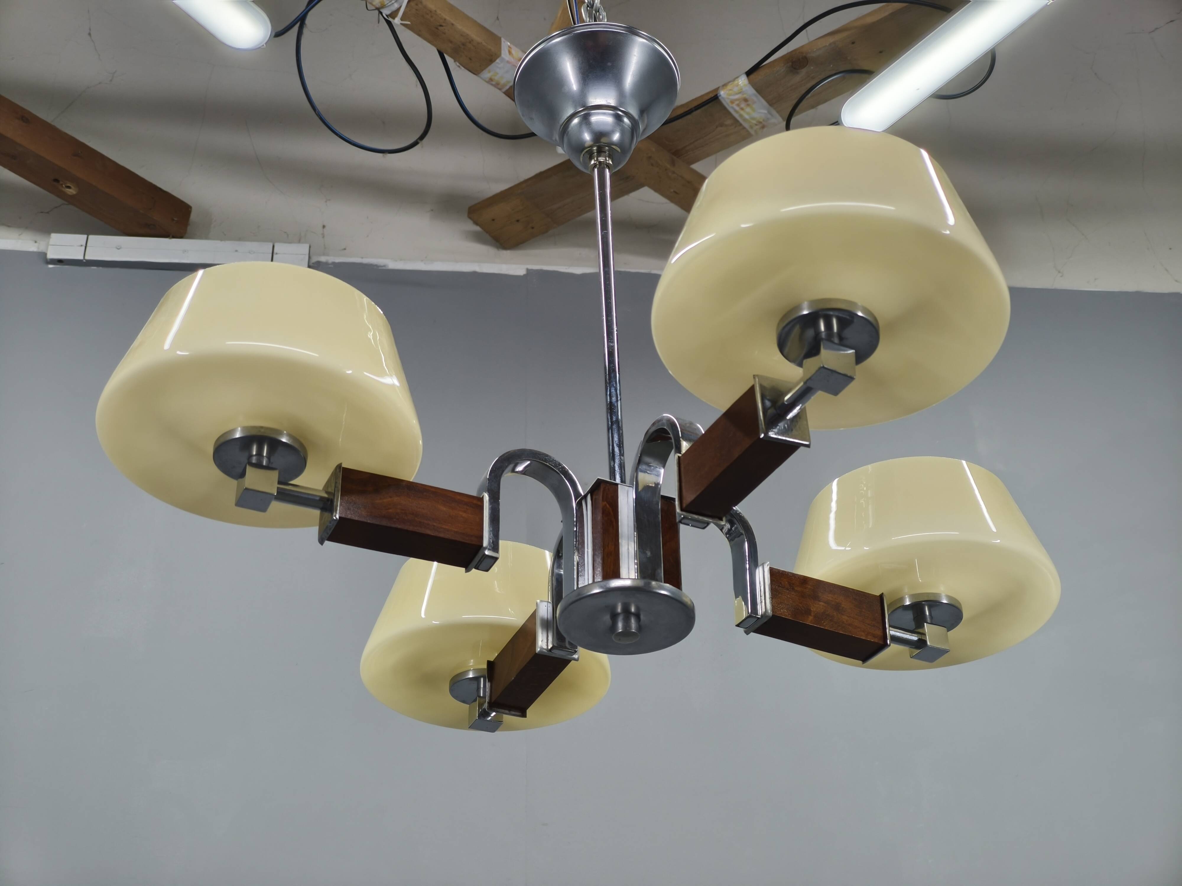 Art Deco Chandelier in Chrome, Wood and Glass, Czechoslovakia