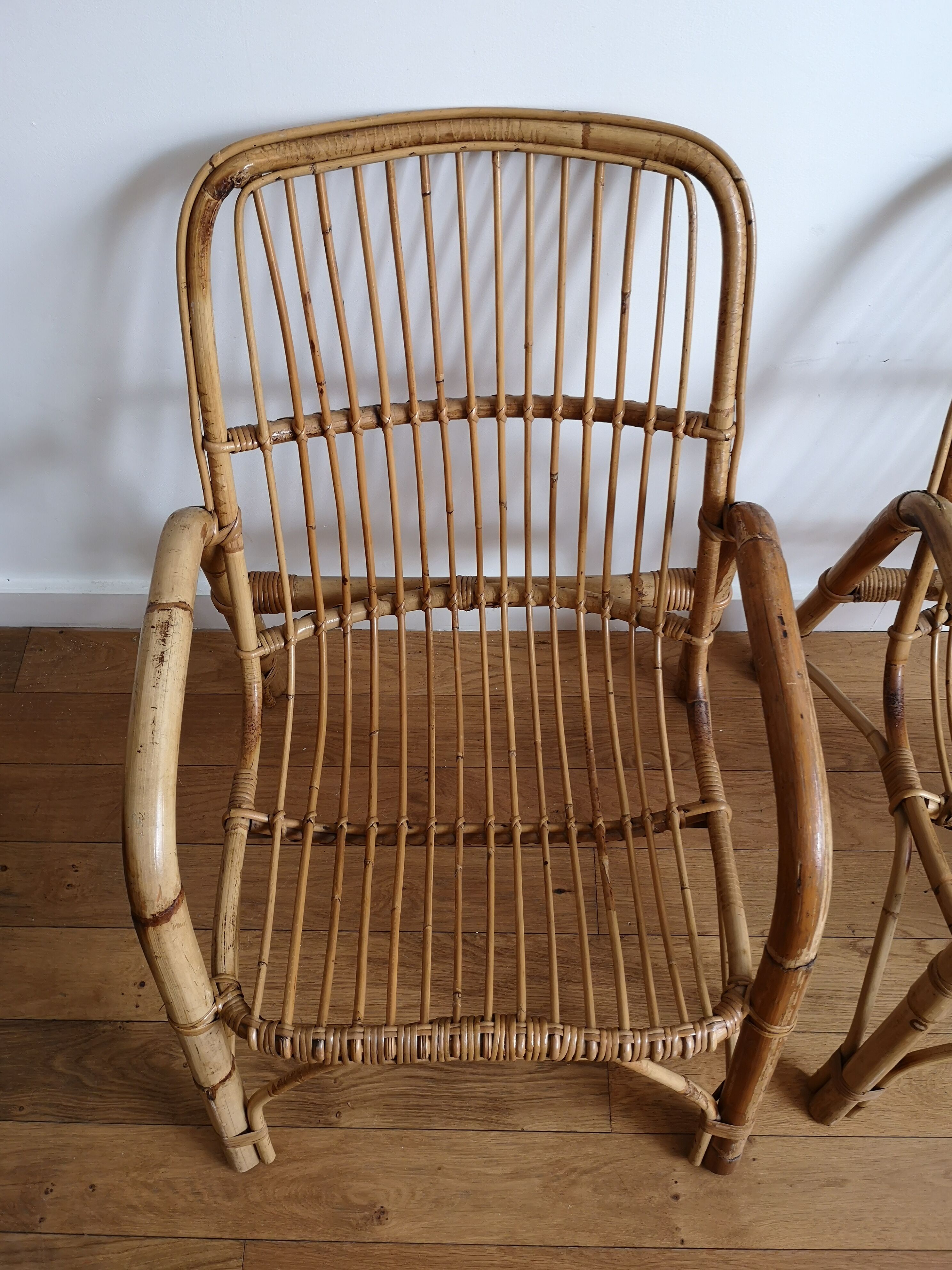 Pair of bamboo and rattan armchairs