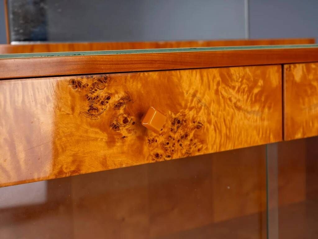 Vintage dressing table with burl veneer, large mirror and storage cabinets