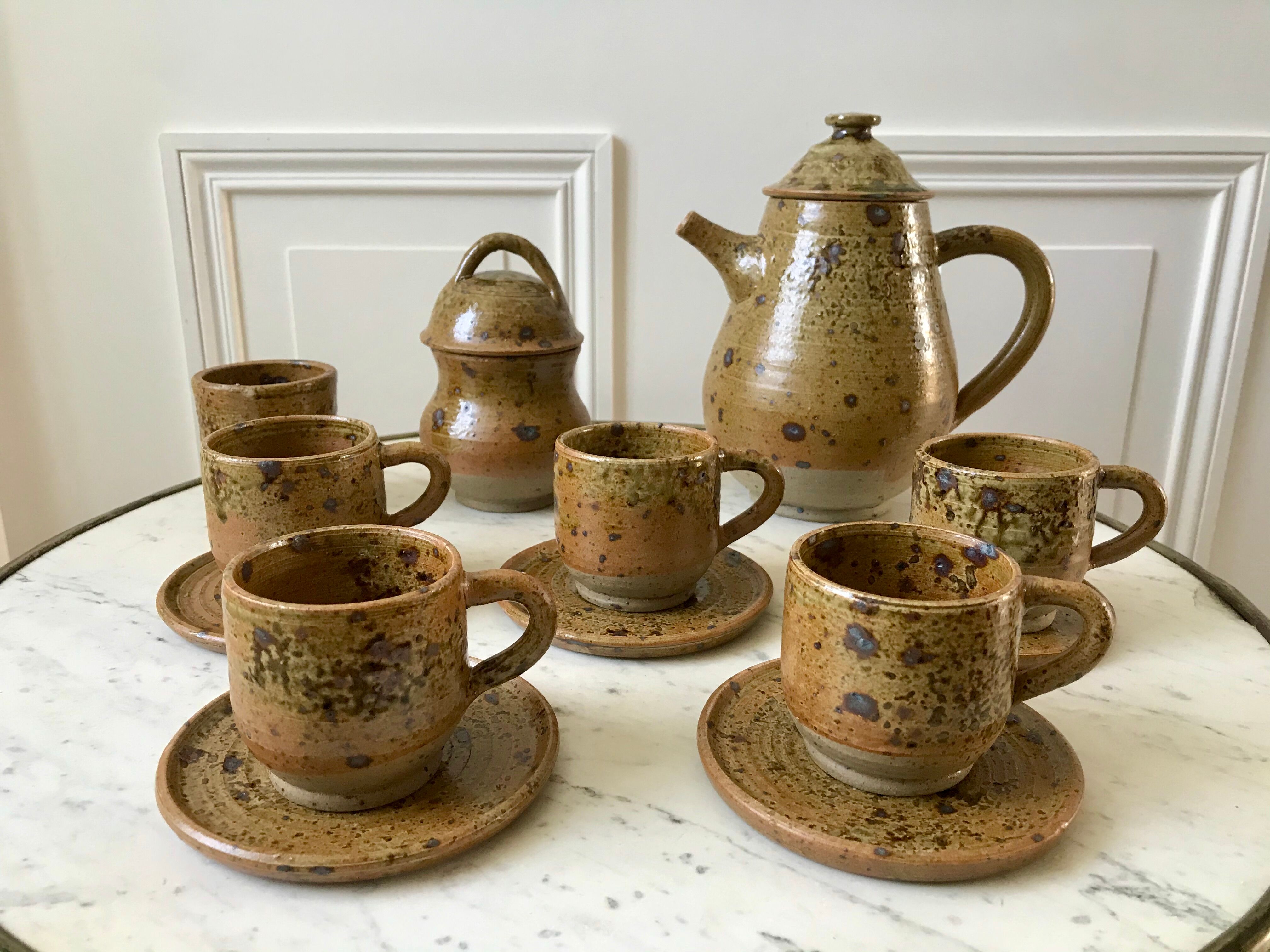 coffee service 6 cups and saucers, teapot and sugar bowl in ceramic / pottery / stoneware years 50-6