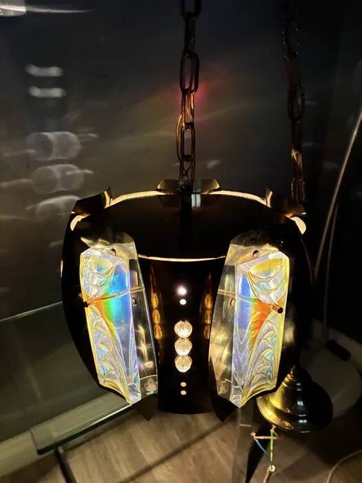 Vintage Brass Pendant Lamp Iridescent Murano Glass