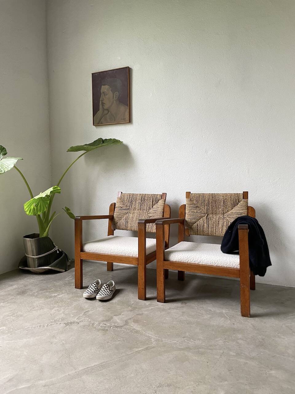 Pair of oak and straw armchairs, reconstruction style