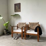 Pair of oak and straw armchairs, reconstruction style