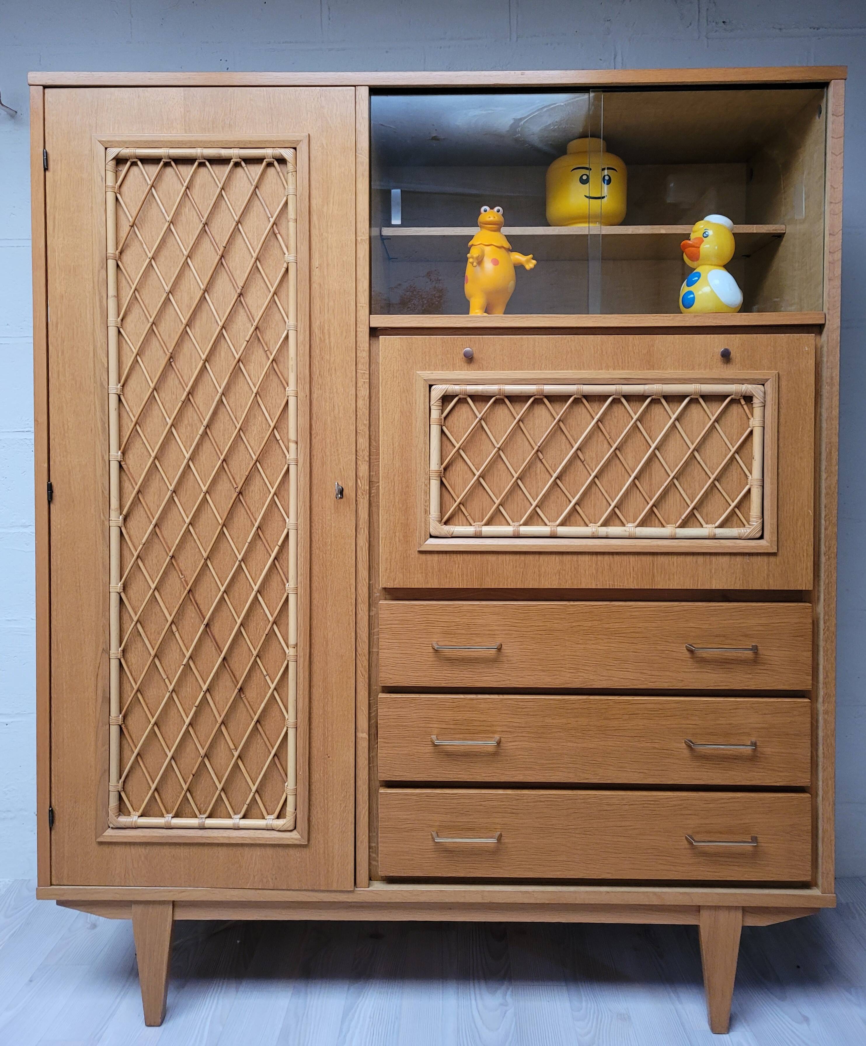 Wooden and rattan chest of drawers, 1960s