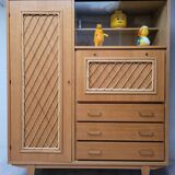 Wooden and rattan chest of drawers, 1960s