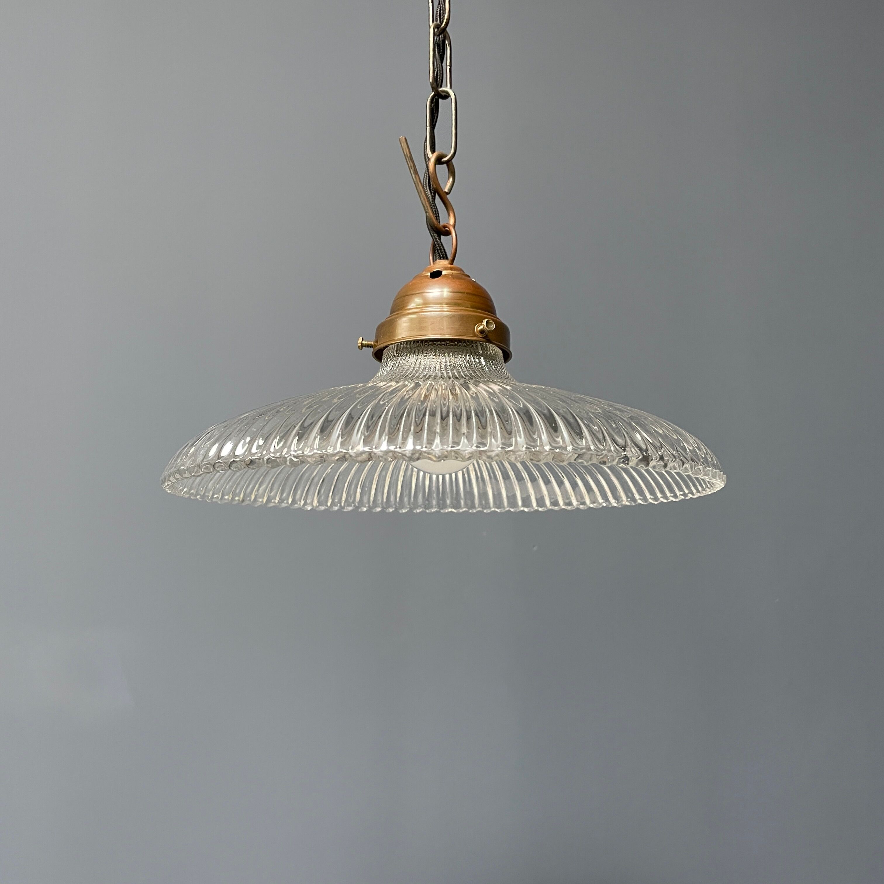 Glass holophane hangingor pendant lamp with brass gallery