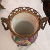 Set of painted earthenware vases mounted on bronze