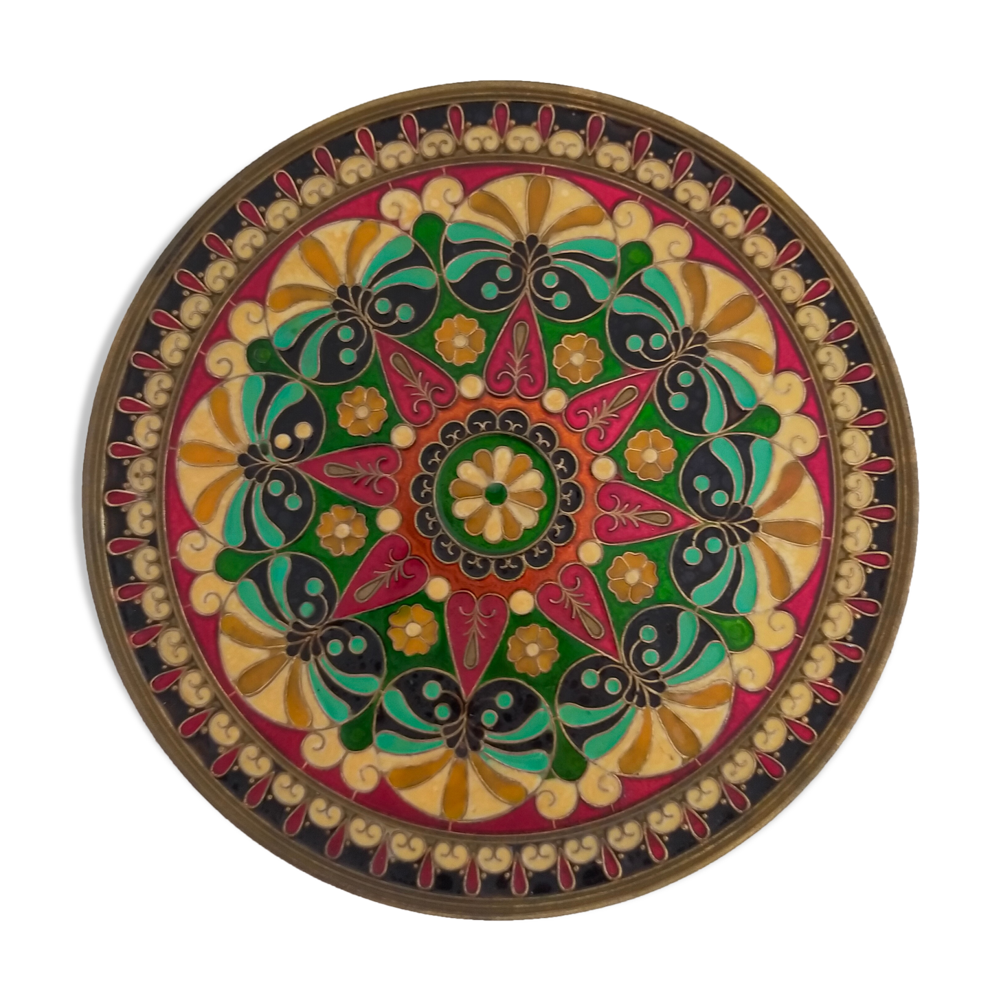 Plate or empty pocket in partitioned copper and vintage enamels