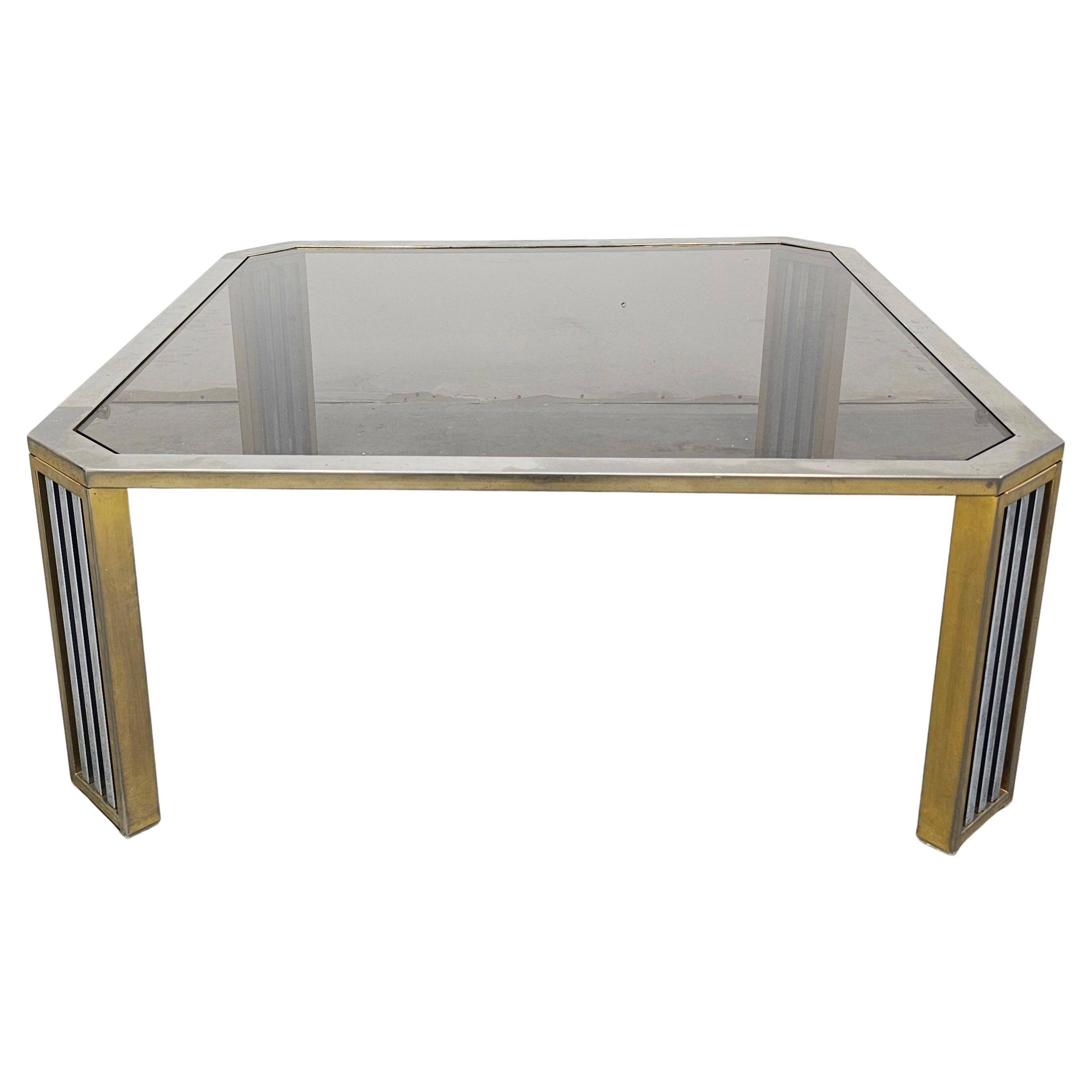 Large modernist coffee table attributed to Romeo Rega in steel and brass plating.