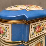 Domed porcelain box polychrome floral decoration on blue background brand Sèvres