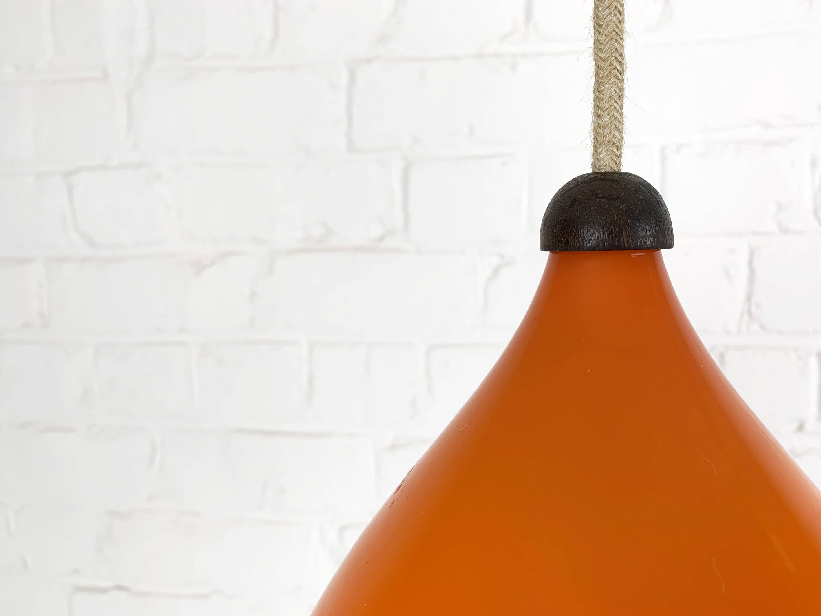 Scandinavian drop pendant light in orange, opaline and teak glass, 1960