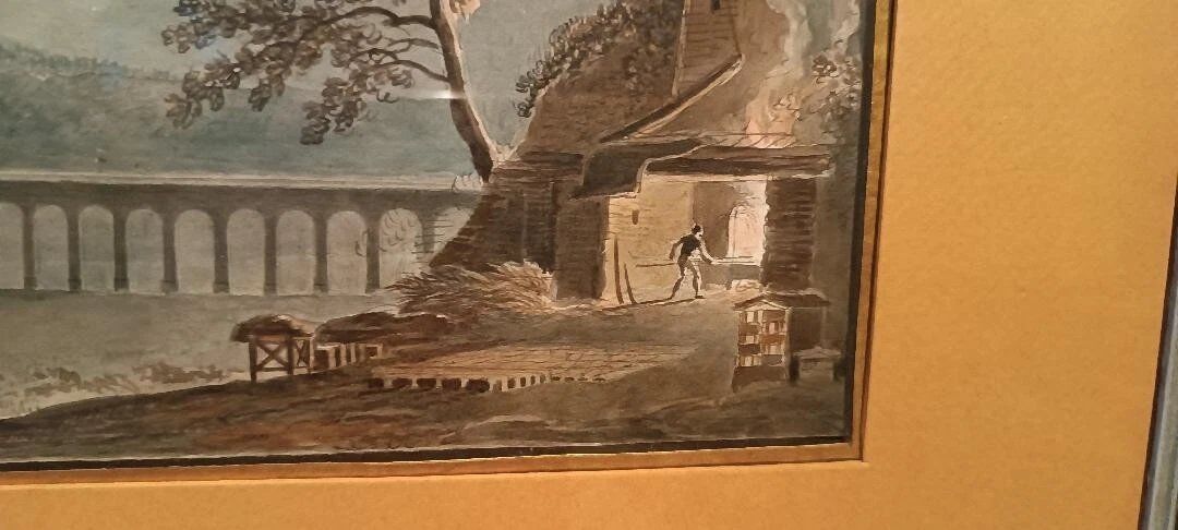 Old watercolour on paper from the early 19th century - nocturnal landscape with aqueduct and bridge