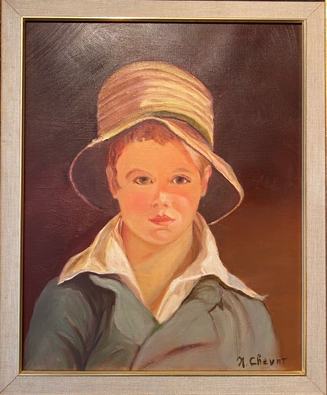 Portrait of the boy in the straw hat 70s/80s, signed