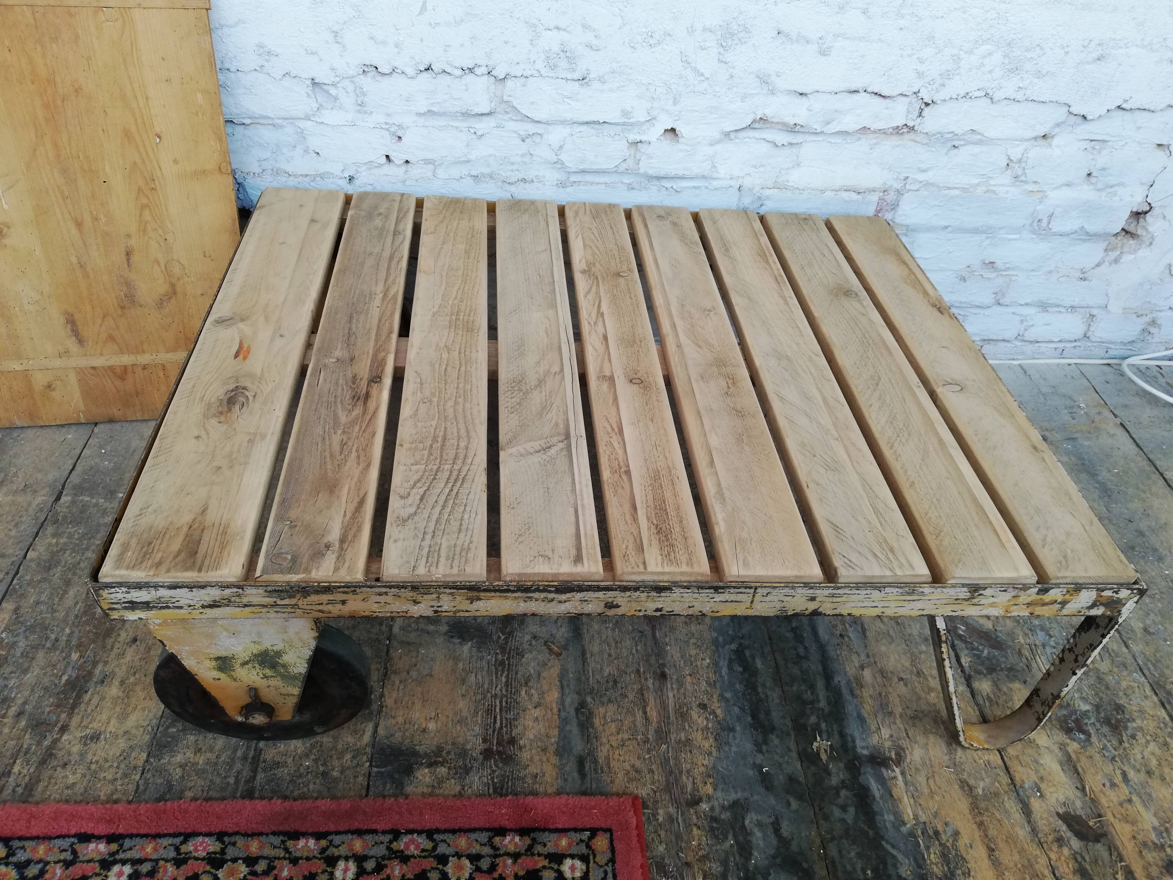 Wooden and metal coffee table, old industrial trolley