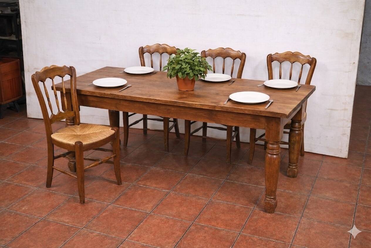 4 rustic farmhouse chairs made of wood and straw