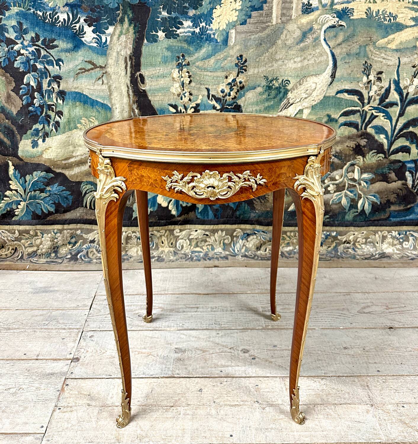 Pedestal table in marquetry and gilded bronzes, louis xv style, napoleon iii period