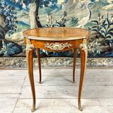 Pedestal table in marquetry and gilded bronzes, louis xv style, napoleon iii period