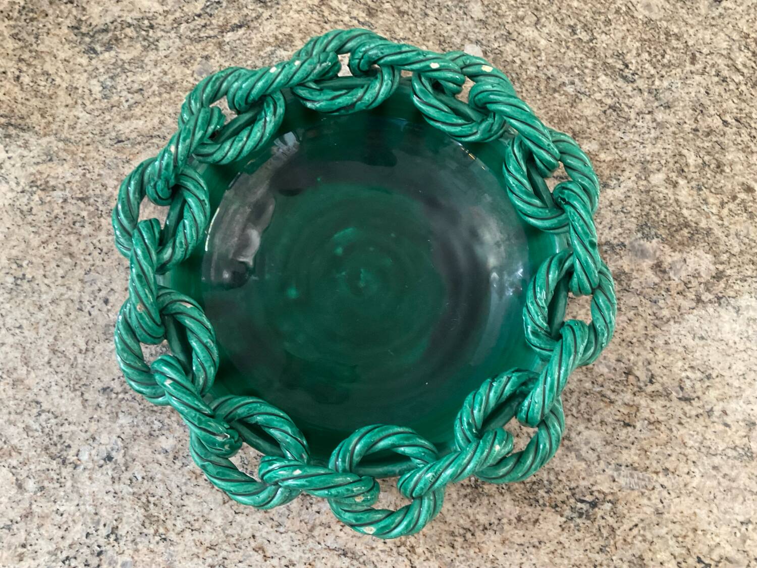 Large ceramic dish from Vallauris with green enamelled rope