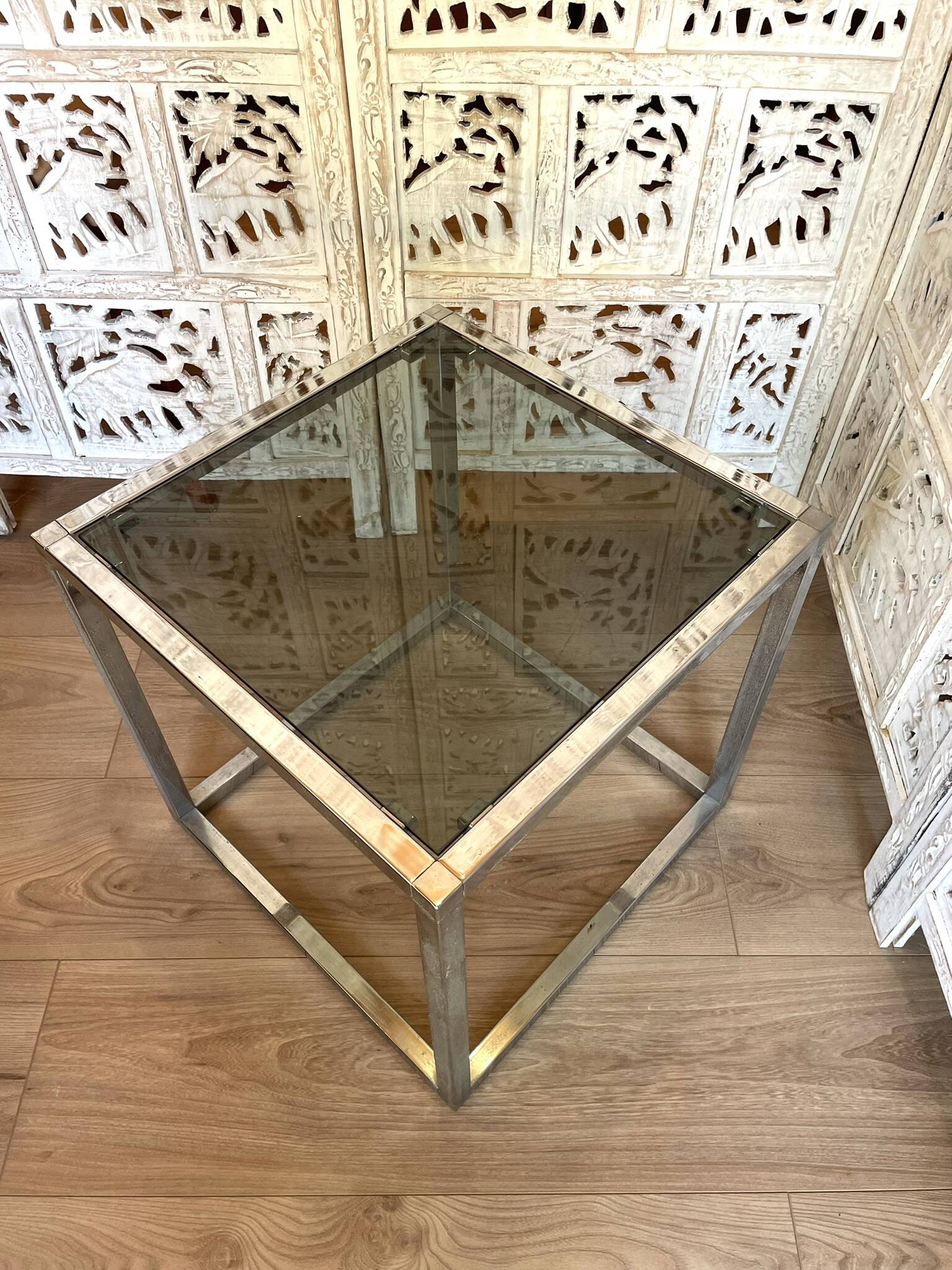 Table Basse / Bout de Canapé Vintage 1970 - Structure Chrome & Plateau Verr