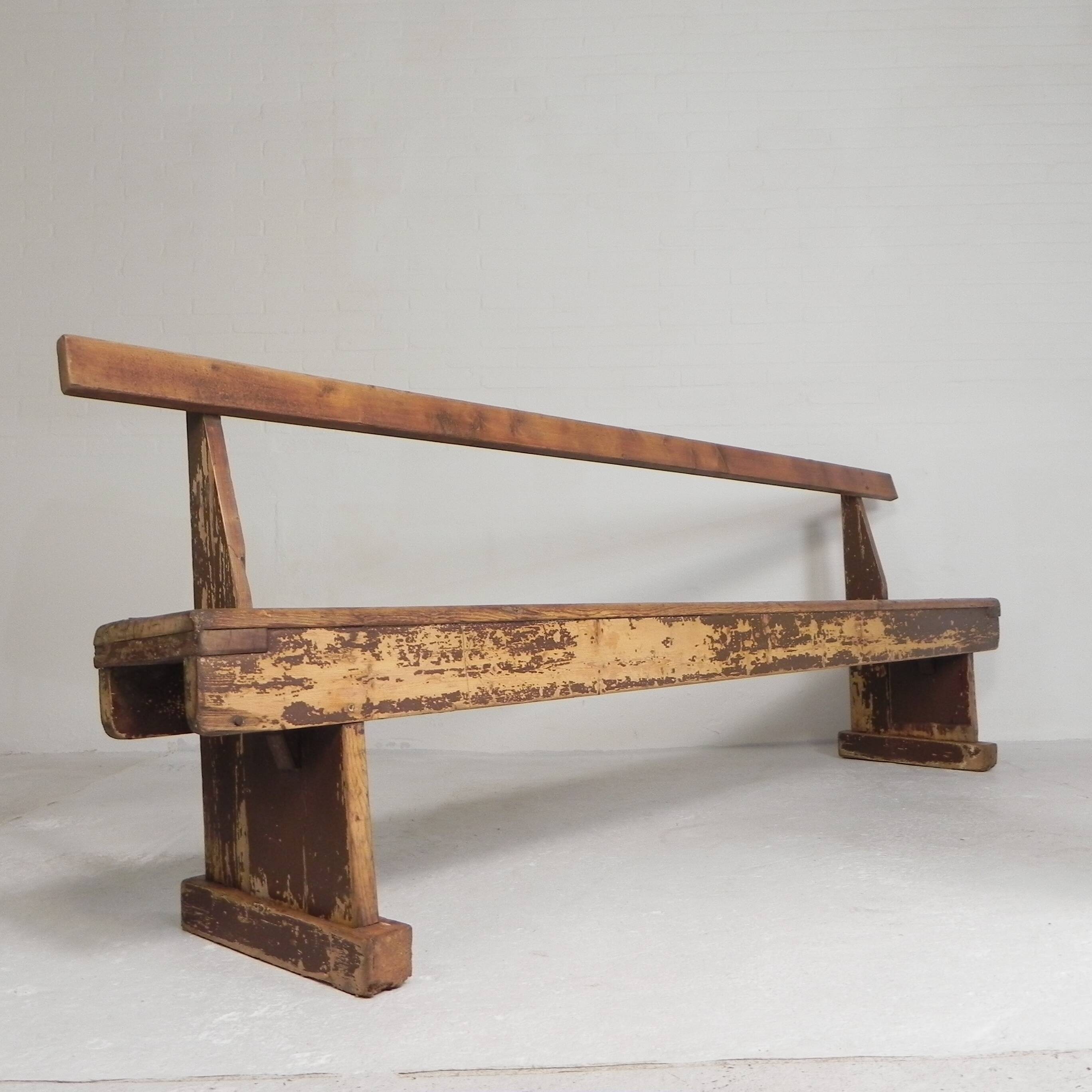 Pine bench with backrest, 2.5 metres long, 1950s.