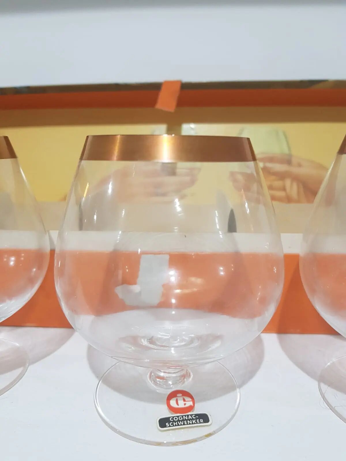 Set of 6 cognac glasses, clear glass, gilding / Austria / 1960s.