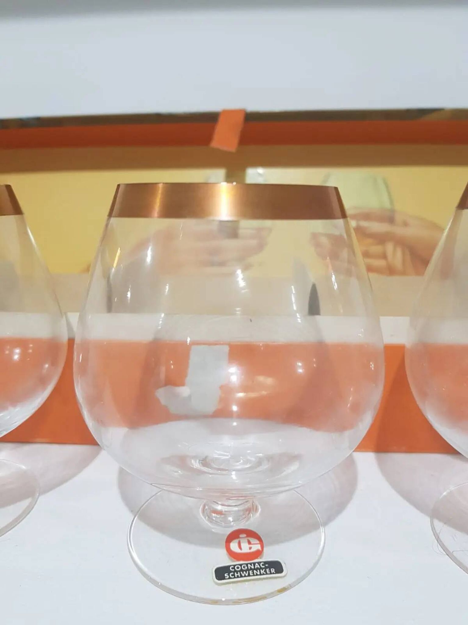 Set of 6 cognac glasses, clear glass, gilding / Austria / 1960s.