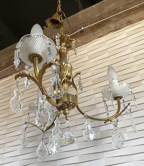 Vintage metal and crystal pendant chandelier, early 20th century.