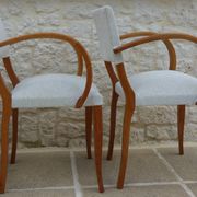 Fauteuils bridges chic année 50 en bois massif   blanc beige cousus main
