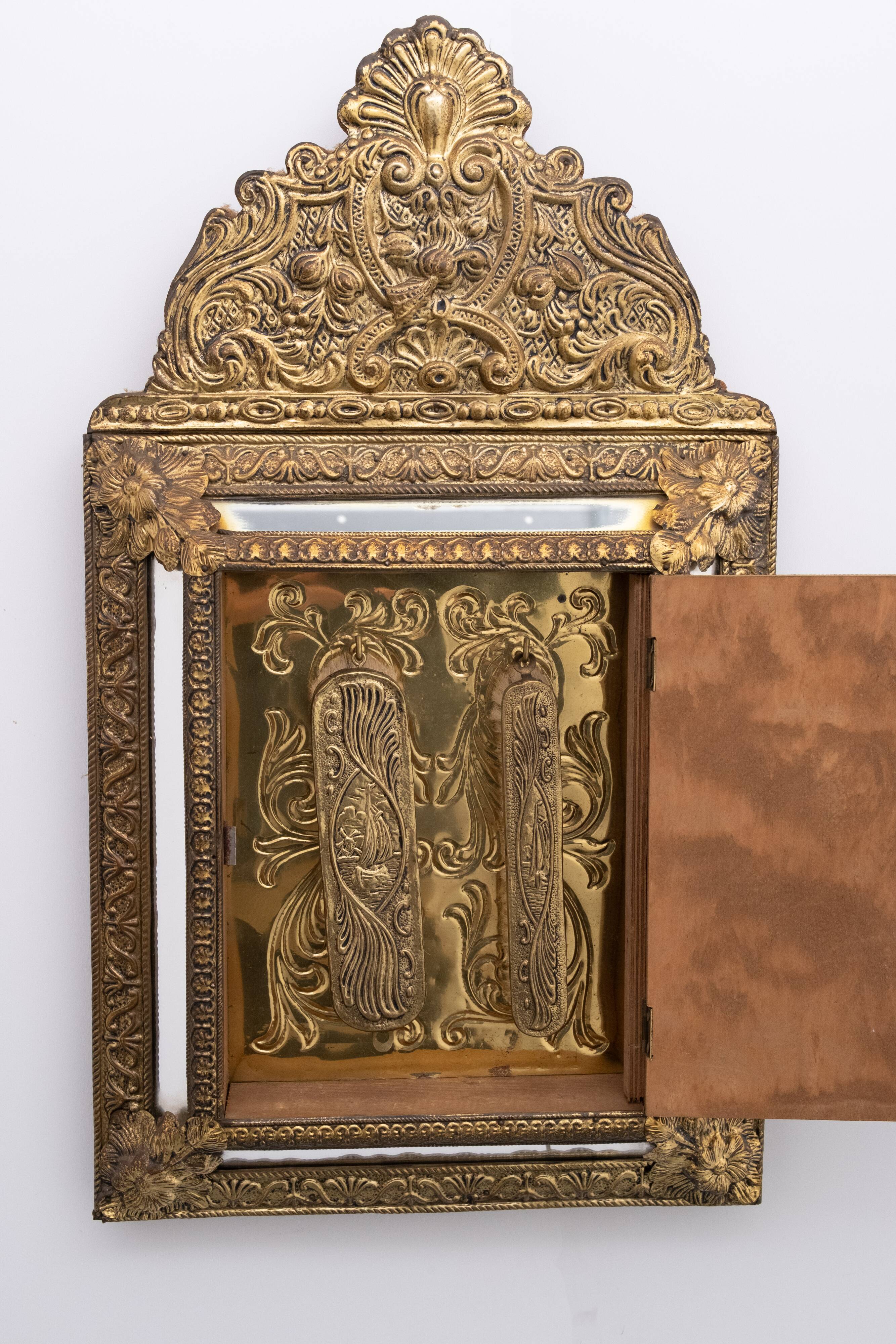 Antique Dutch Brass Ornate Repousse hanging Mirror Hall Cabinet