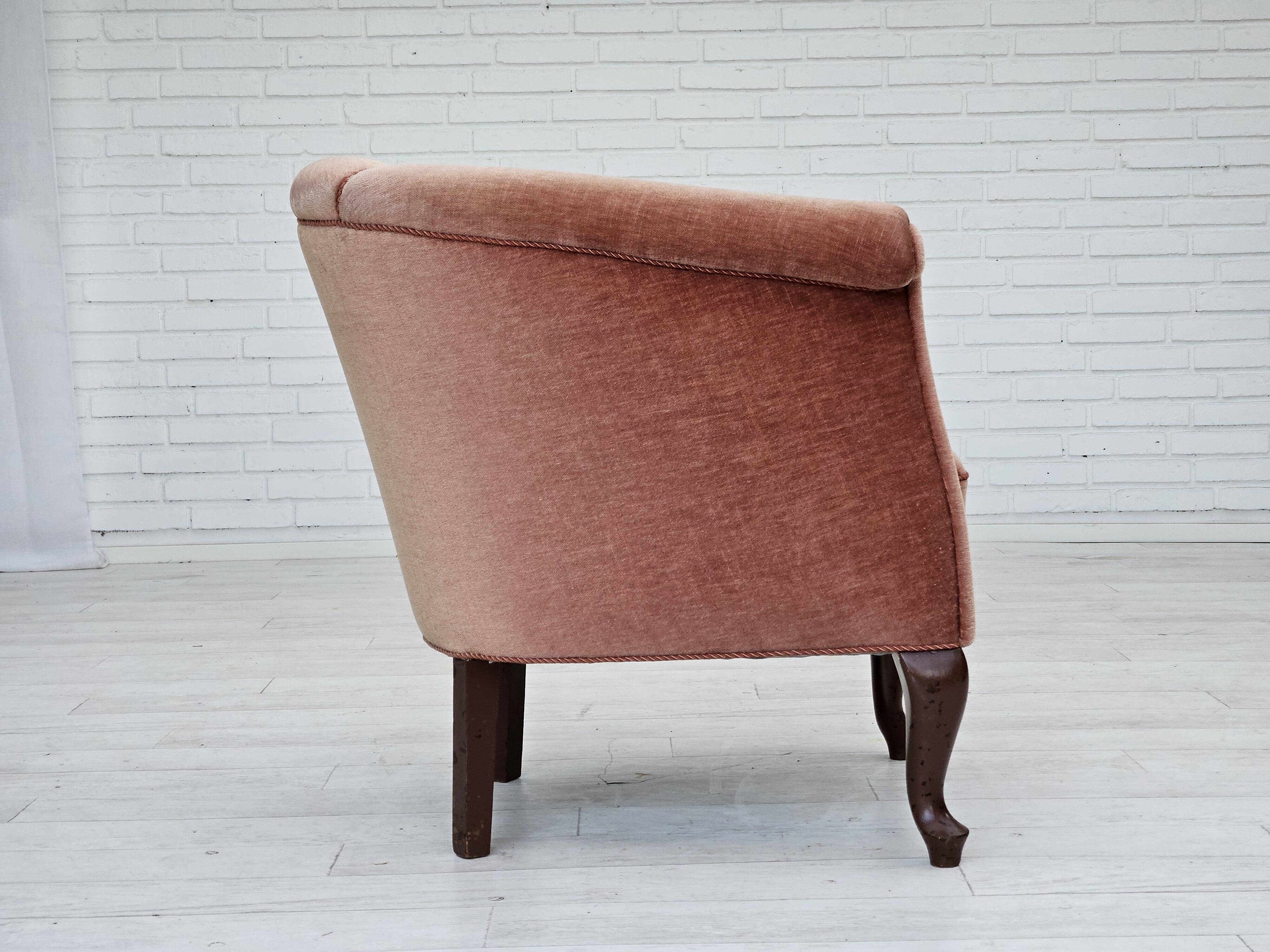 1960s, Danish lounge chair, salmon pink furniture velour, ash wood legs.