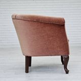 1960s, Danish lounge chair, salmon pink furniture velour, ash wood legs.