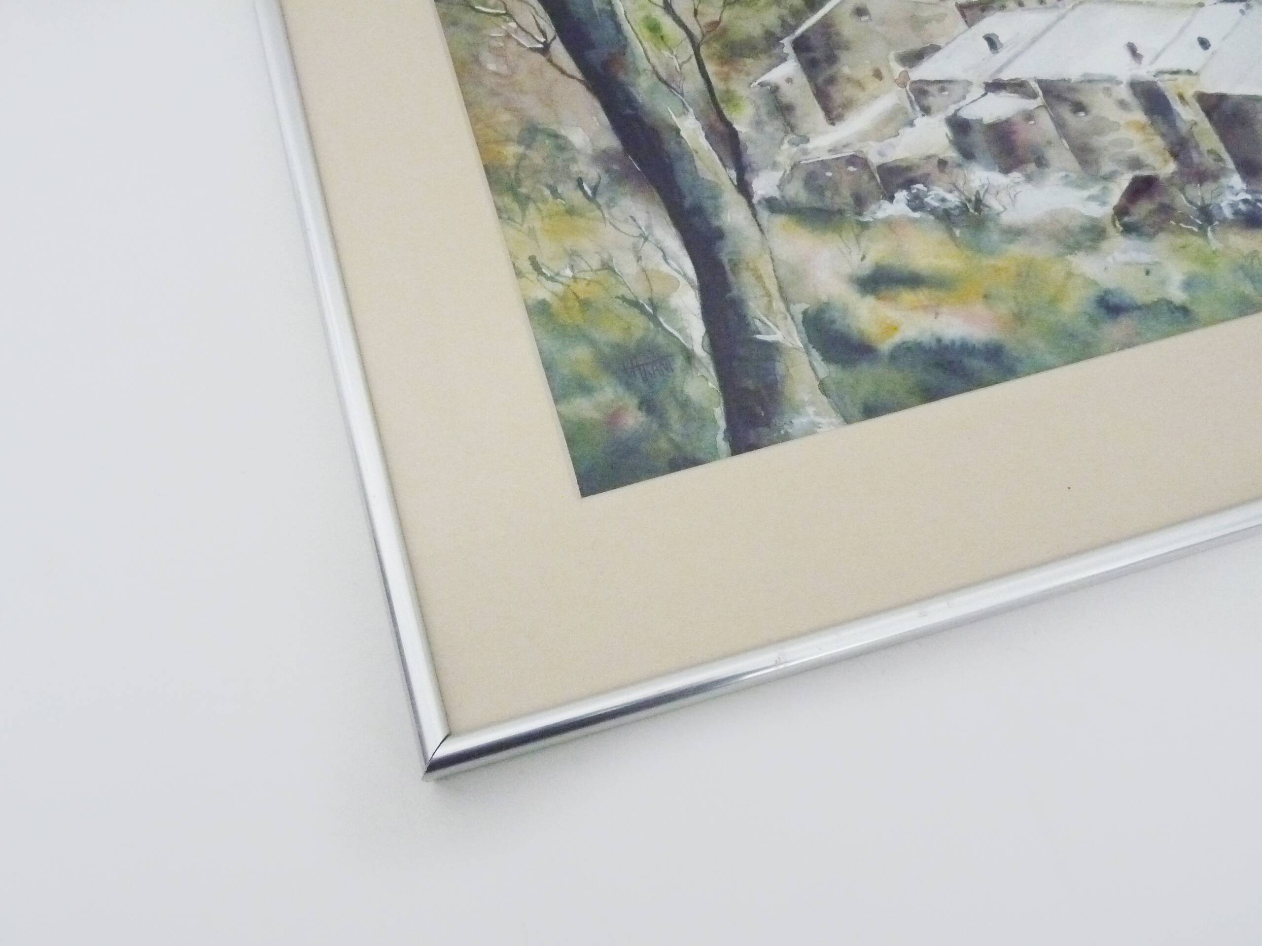 Original watercolor by Carani church in the mountains. Signed