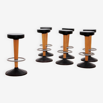 1960s Bar Stool with Cast Iron Base and Leather Seat, set with 7 bar stools.