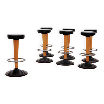 1960s Bar Stool with Cast Iron Base and Leather Seat, set with 7 bar stools.