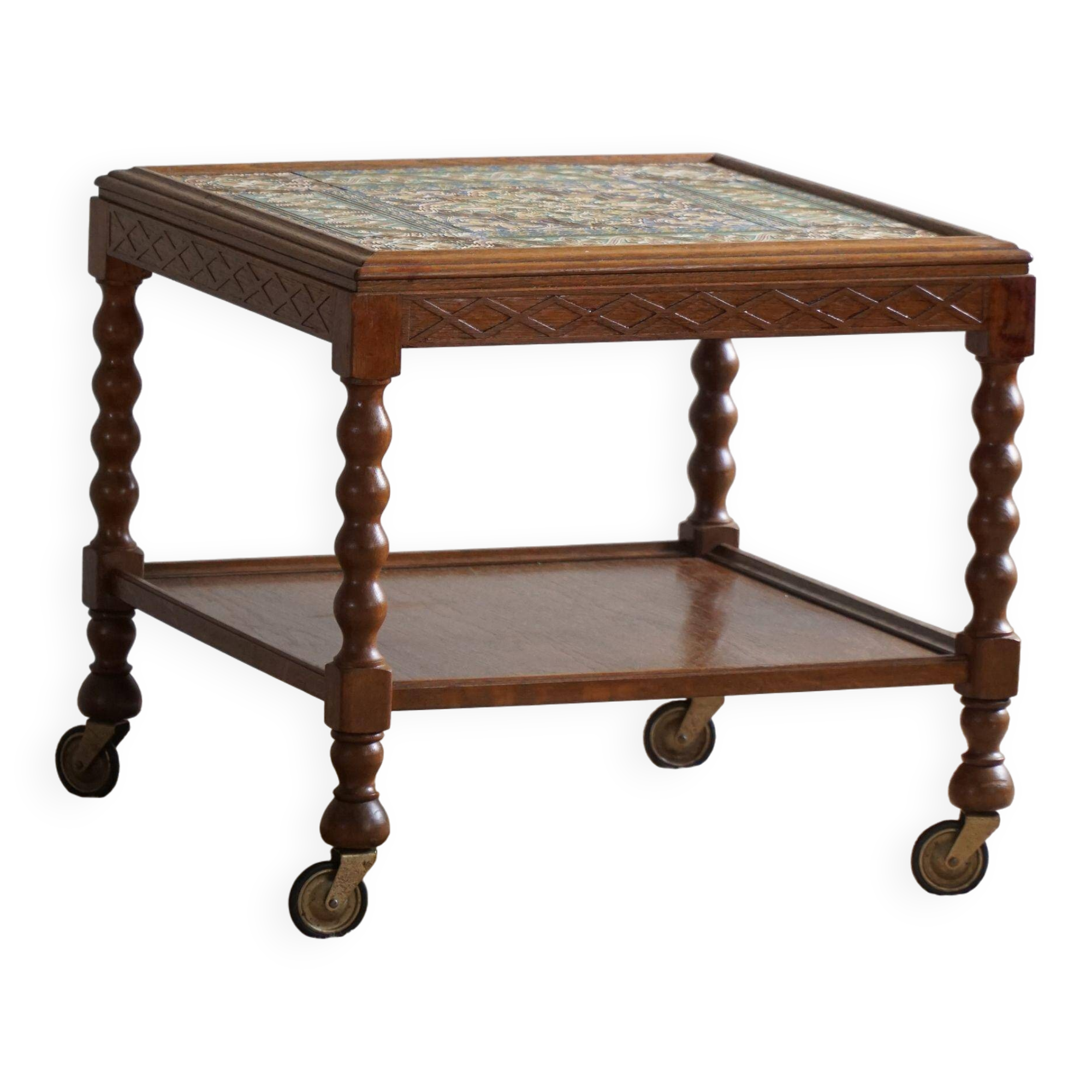 Modern Danish service table with turned spool legs and coloured tiles, 1950s.