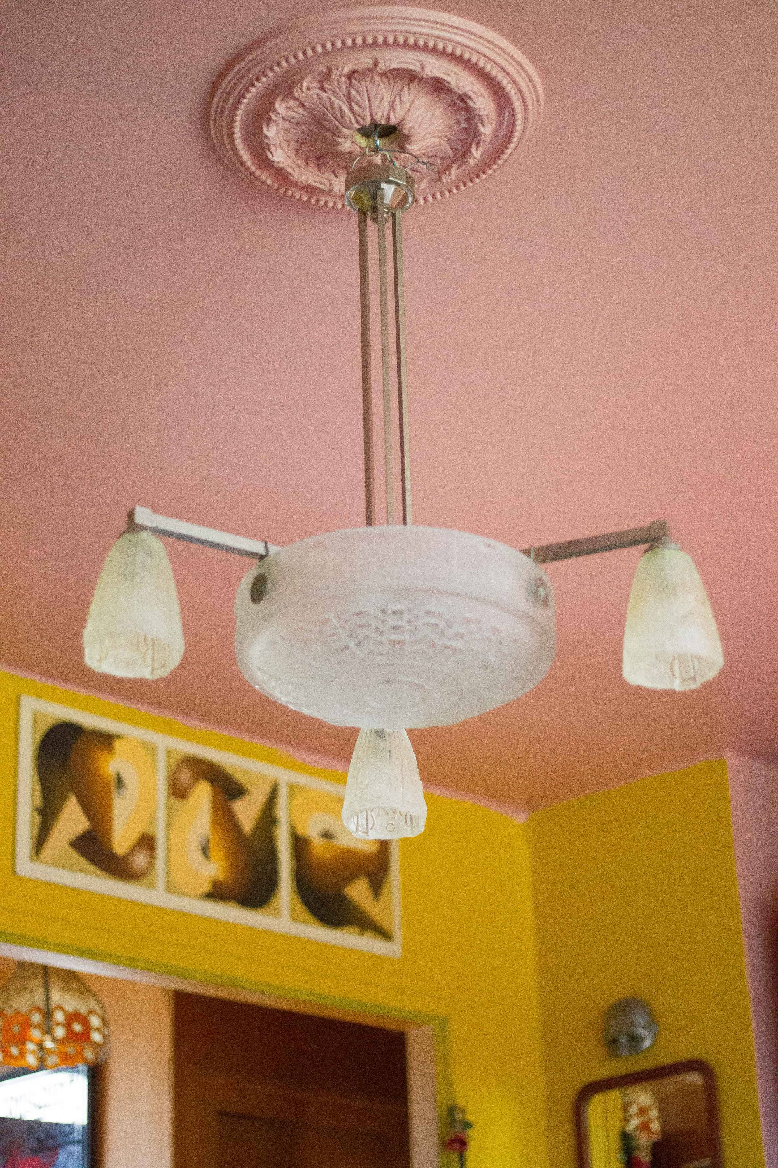 Art deco nickel plated bronze chandelier with art deco tulip glass, ceiling lamp, art deco pendant light, 30