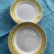 6 small plates with yellow borders and floral pattern gold antiques