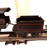 Small JEP mechanical train, including locomotive, tender, sleeping car, rail, 1930s