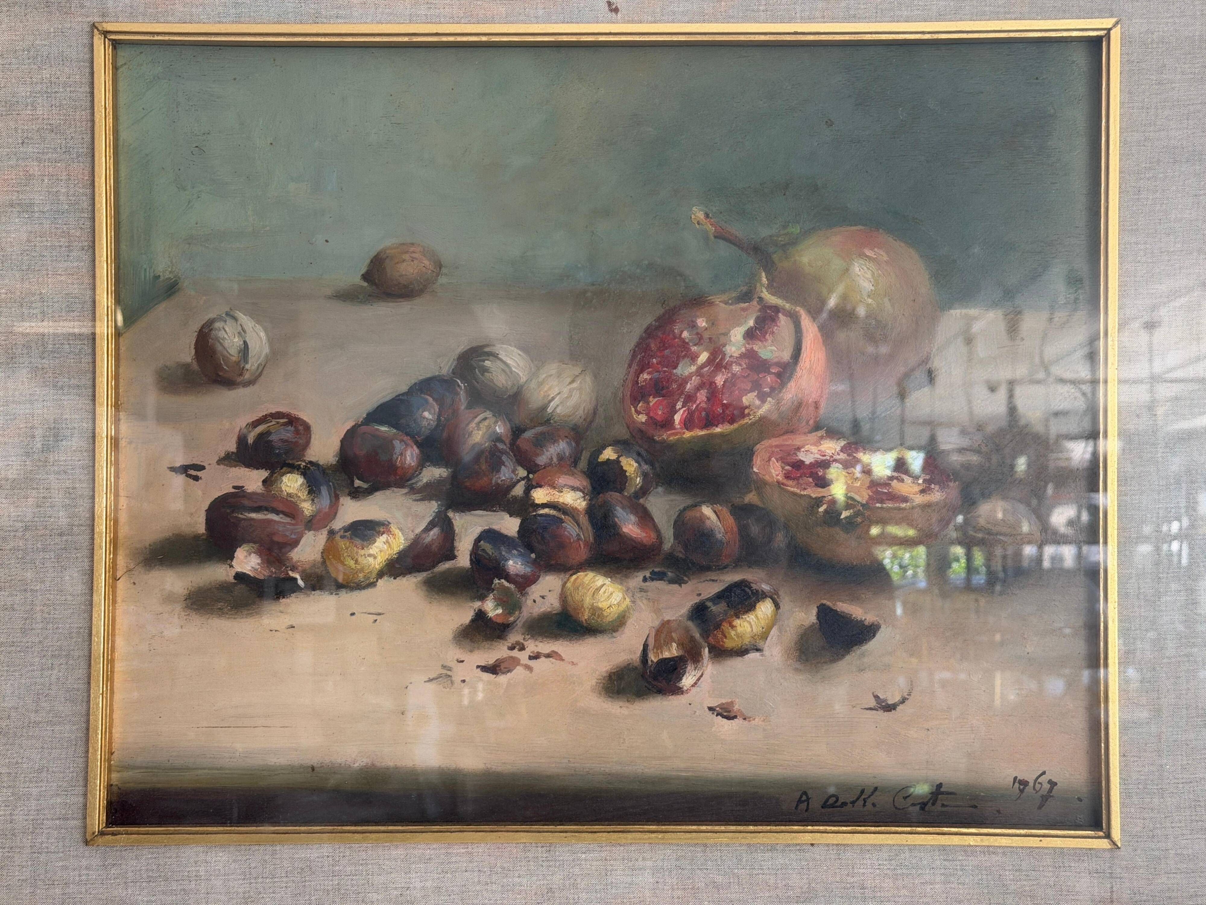 Still life with pomegranates and walnuts Oil painting on canvas signed, 1967, Italy
