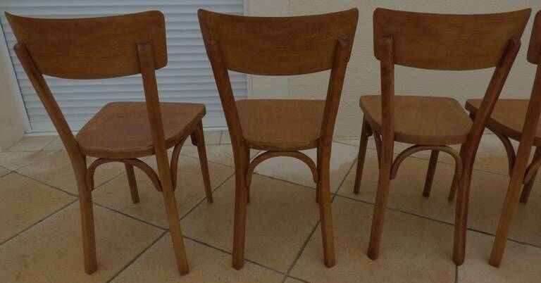 6 vintage Baumann wooden bistro chairs in their patina