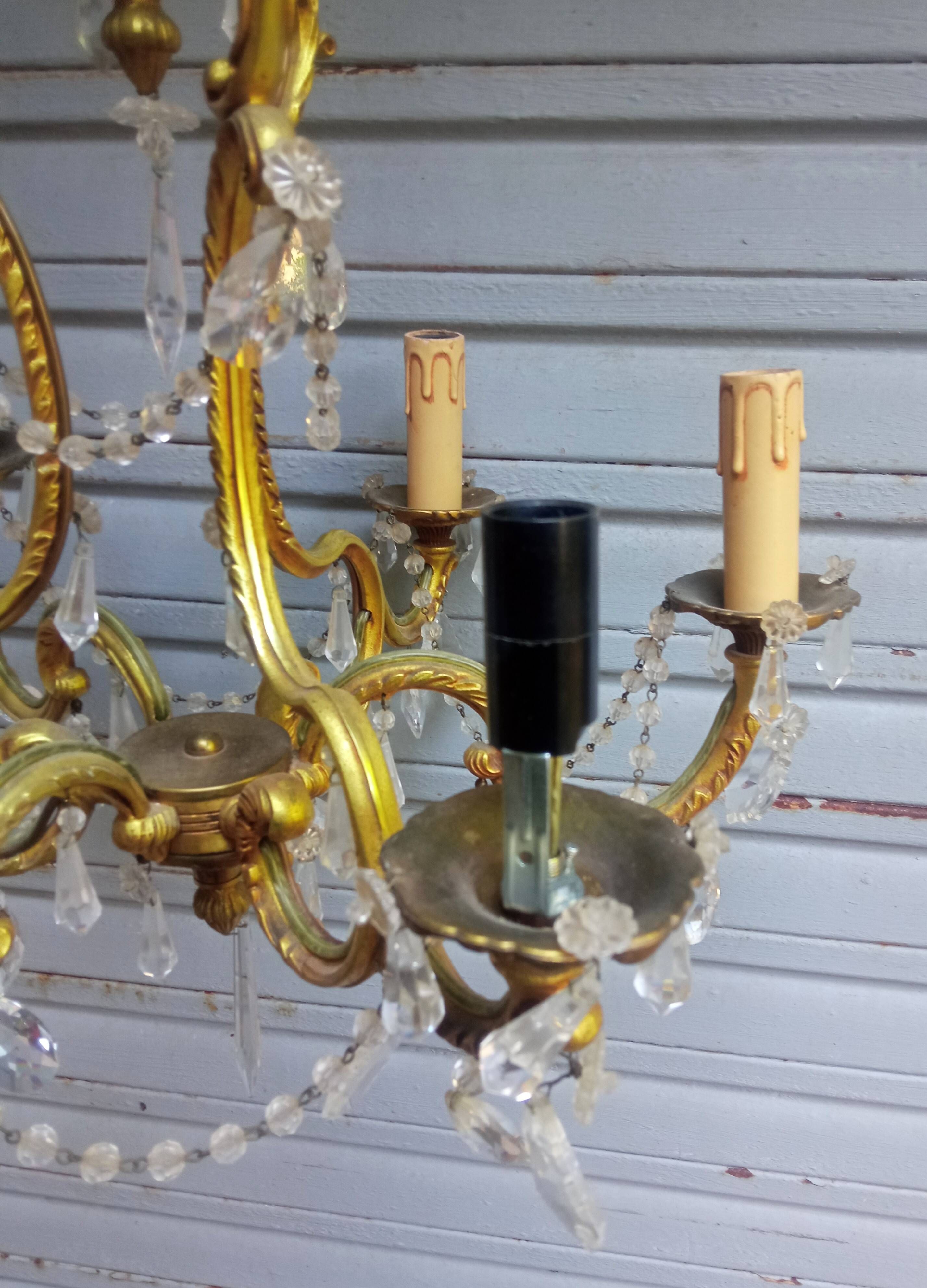 Antique cage chandelier in gilded bronze and crystal, 6 lights / working condition l gau