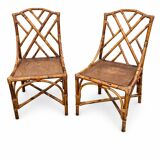 paire de chaises de jardin en bambou et rotin tissé 1950