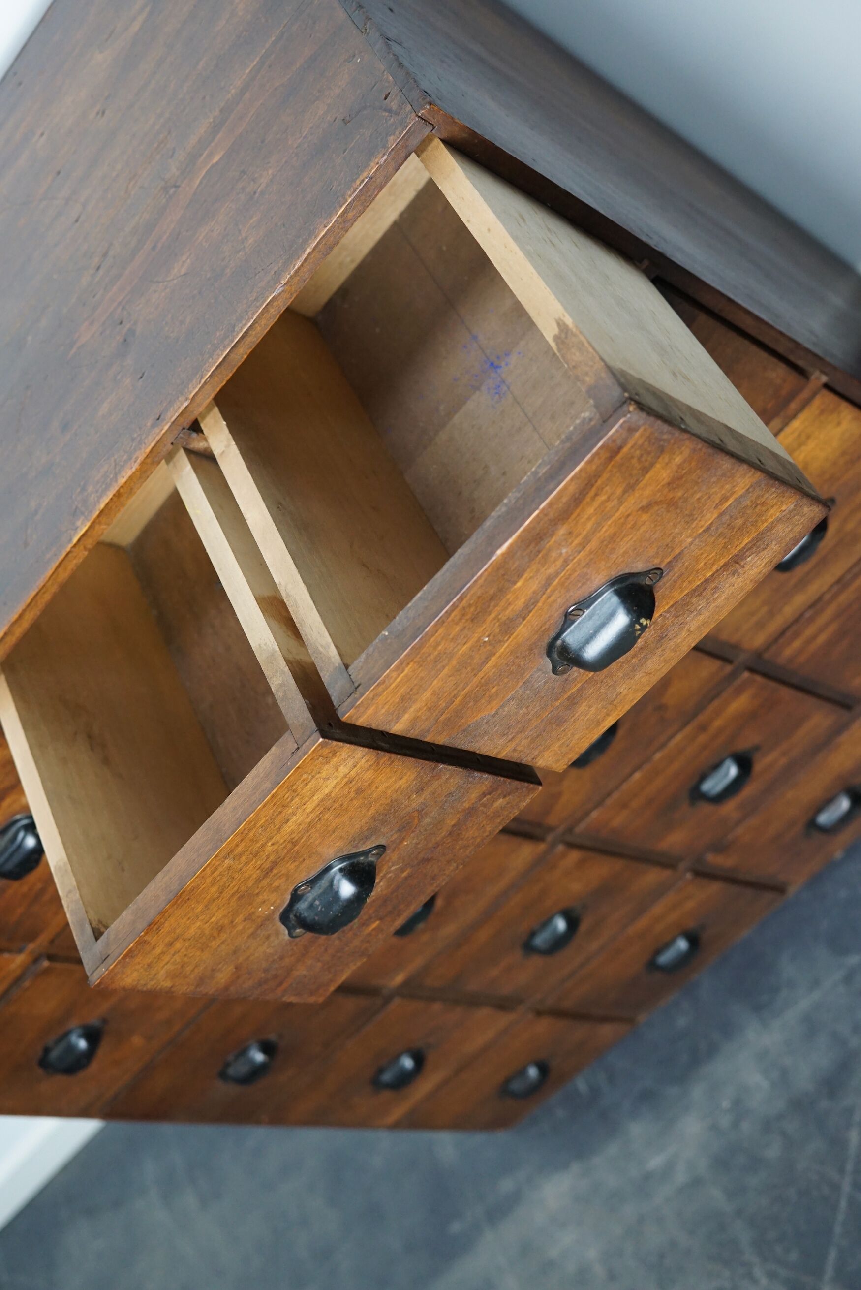 French fruitwood apothecary cabinet, ca 1950s
