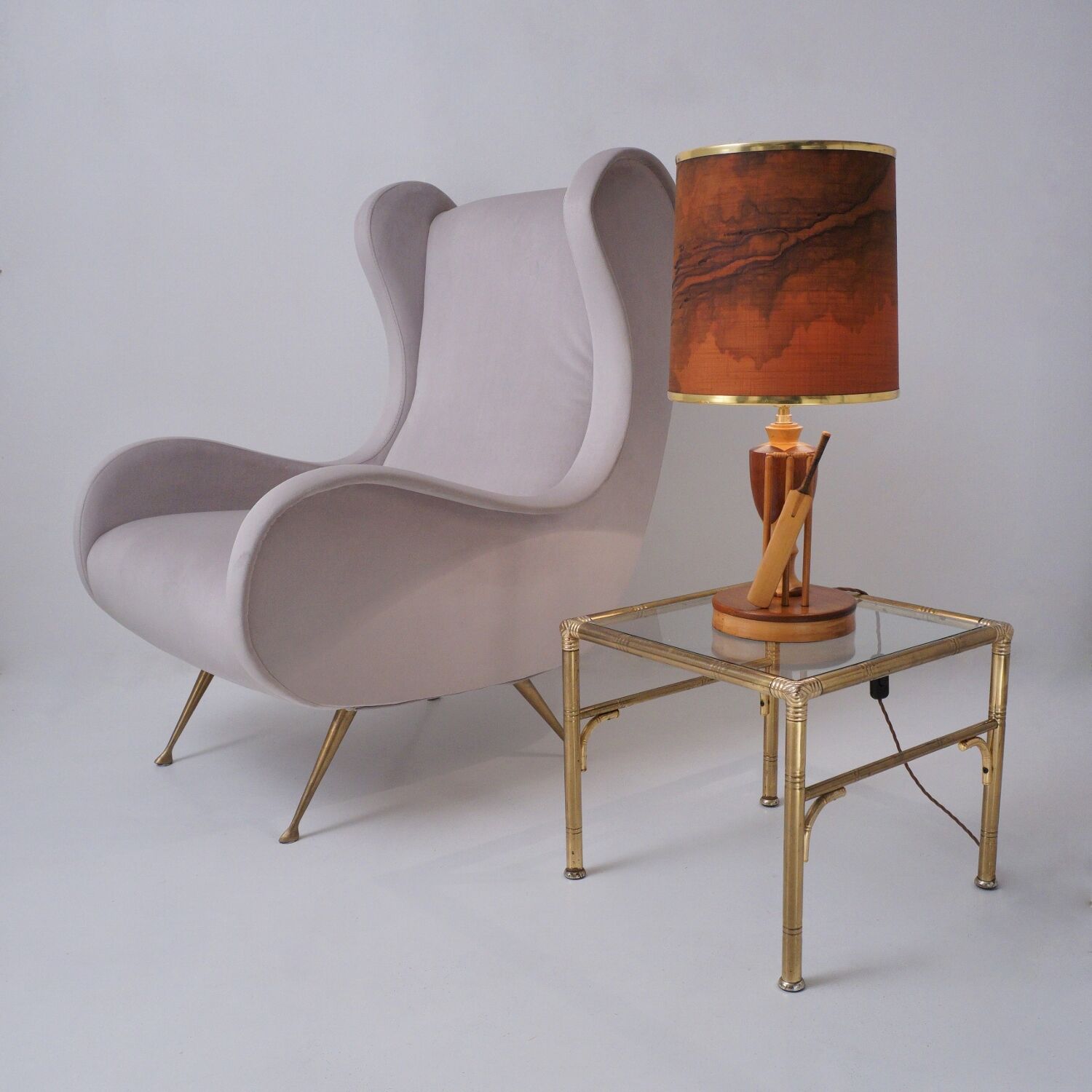 Marquetry wood inlaid table lamp, sport cricket theme, 1950`s ca, English, Rewired